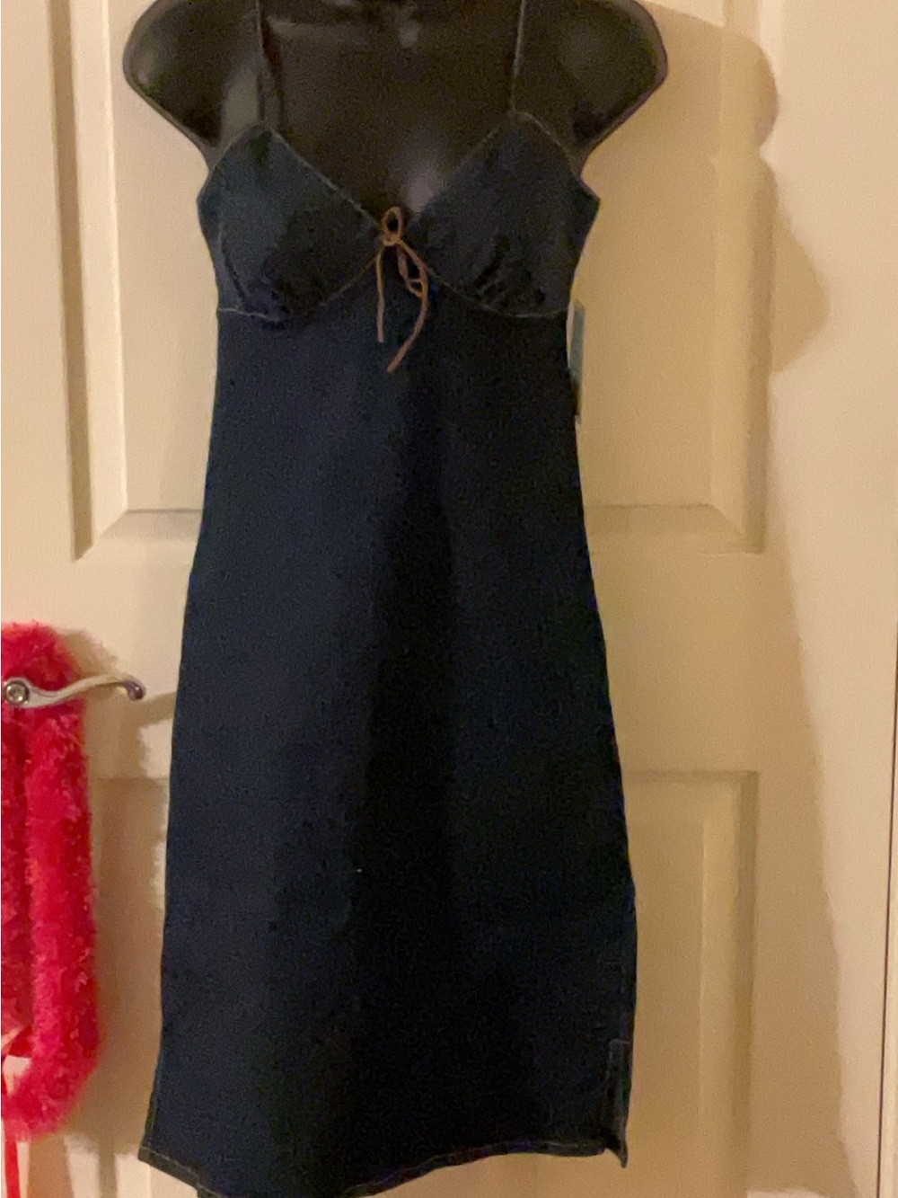 Navy Blue Lace-Trim Slip Dress with Front Tie